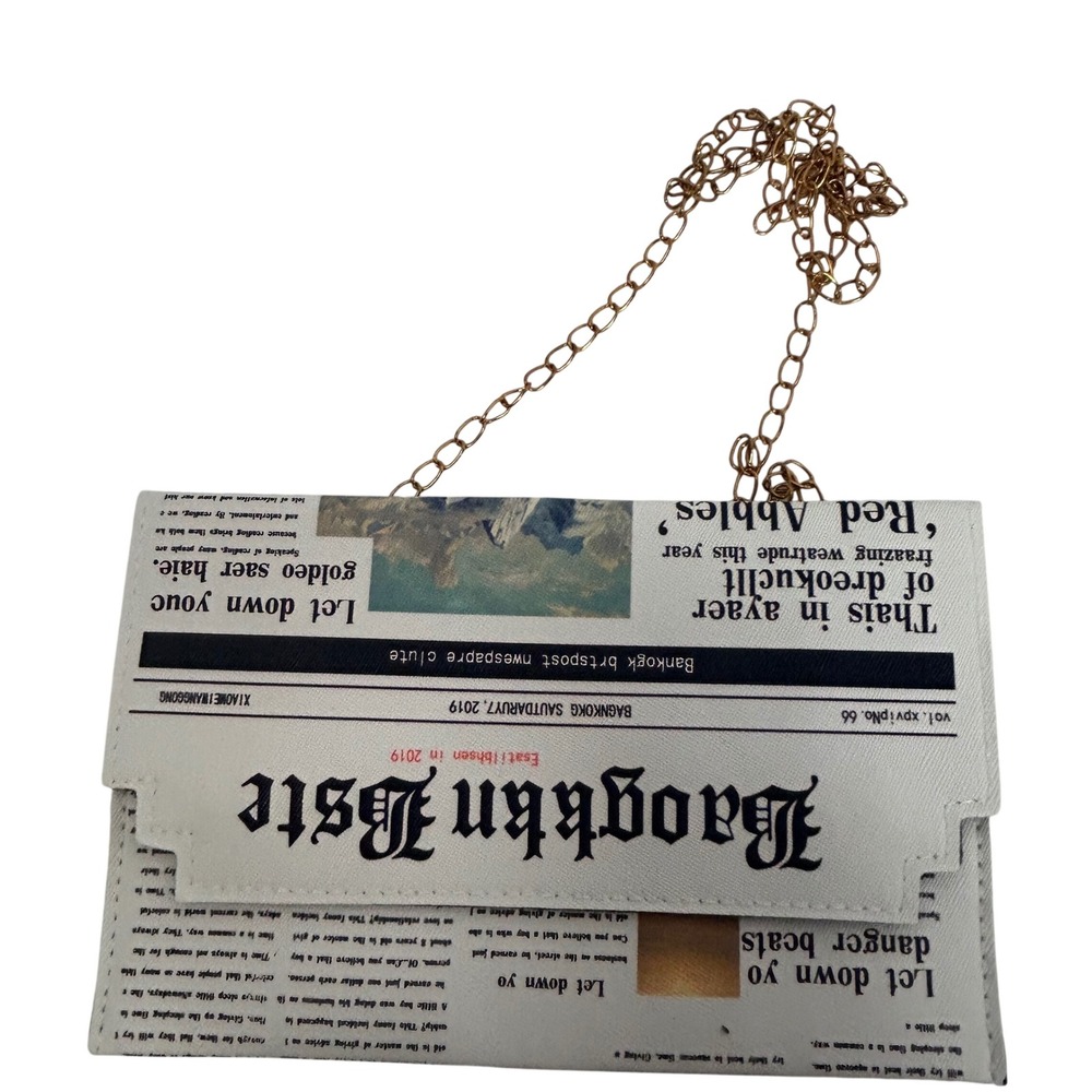 Befet Bay Newspaper Print‎ Envelope Clutch Crossbody Bag Gold Chain White Black